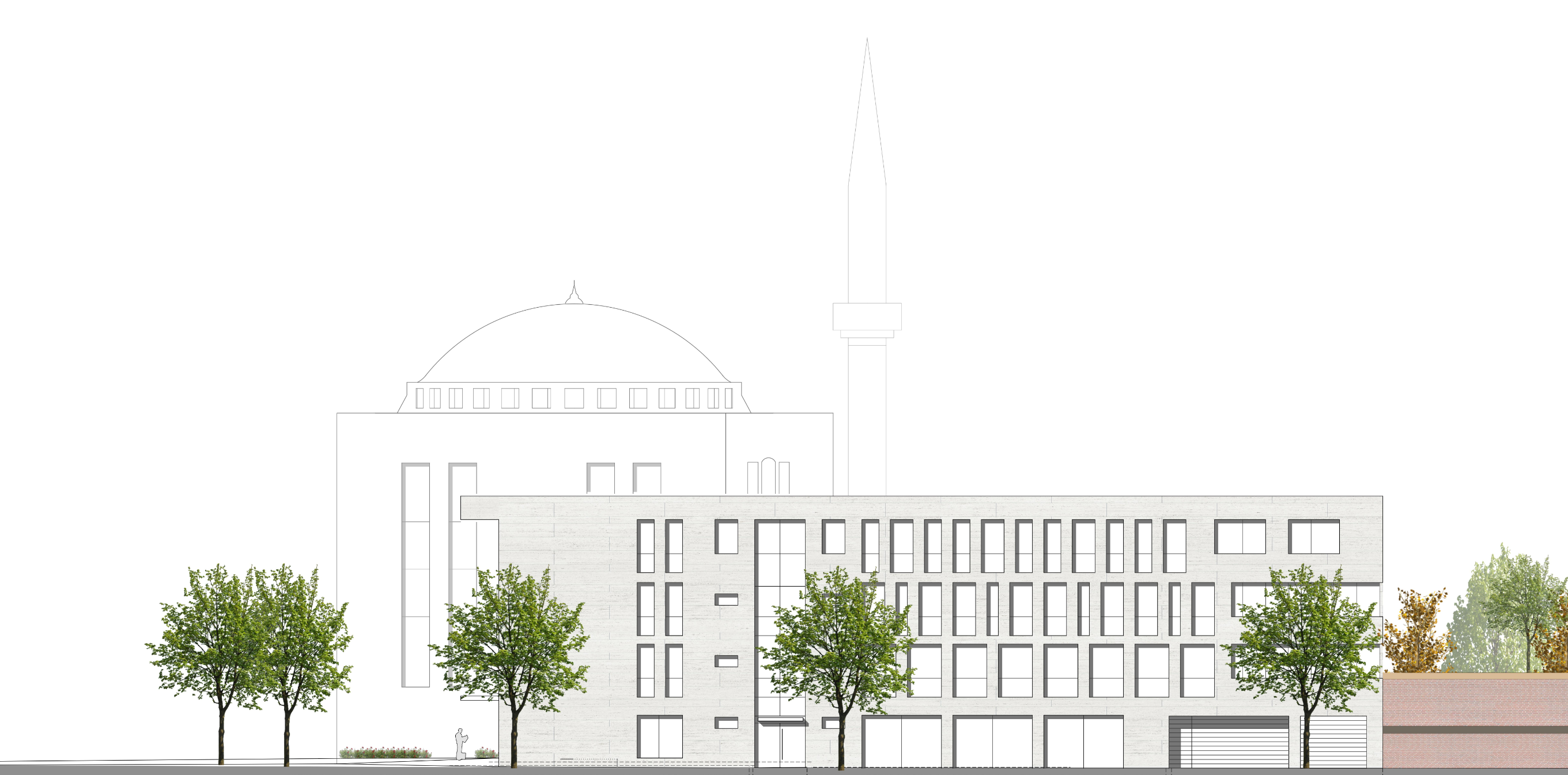 Ansicht der Neuen Moschee aus Perspektive der Gladbacher Straße
